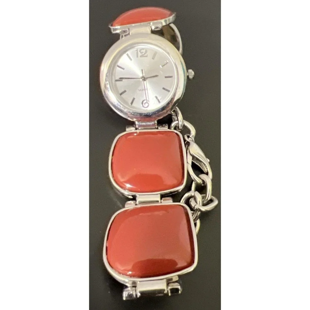 Silver Tone Chunky Bracelet Watch‎ Brick Red Burnt Orange